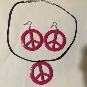 Pink Peace Sign Necklace and Earrings Set Costume Jewelry